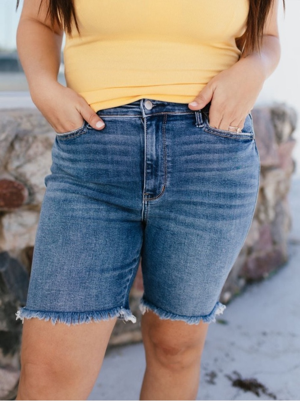 Judy Blue High Waisted Frayed Hem Bermuda Jean Shorts